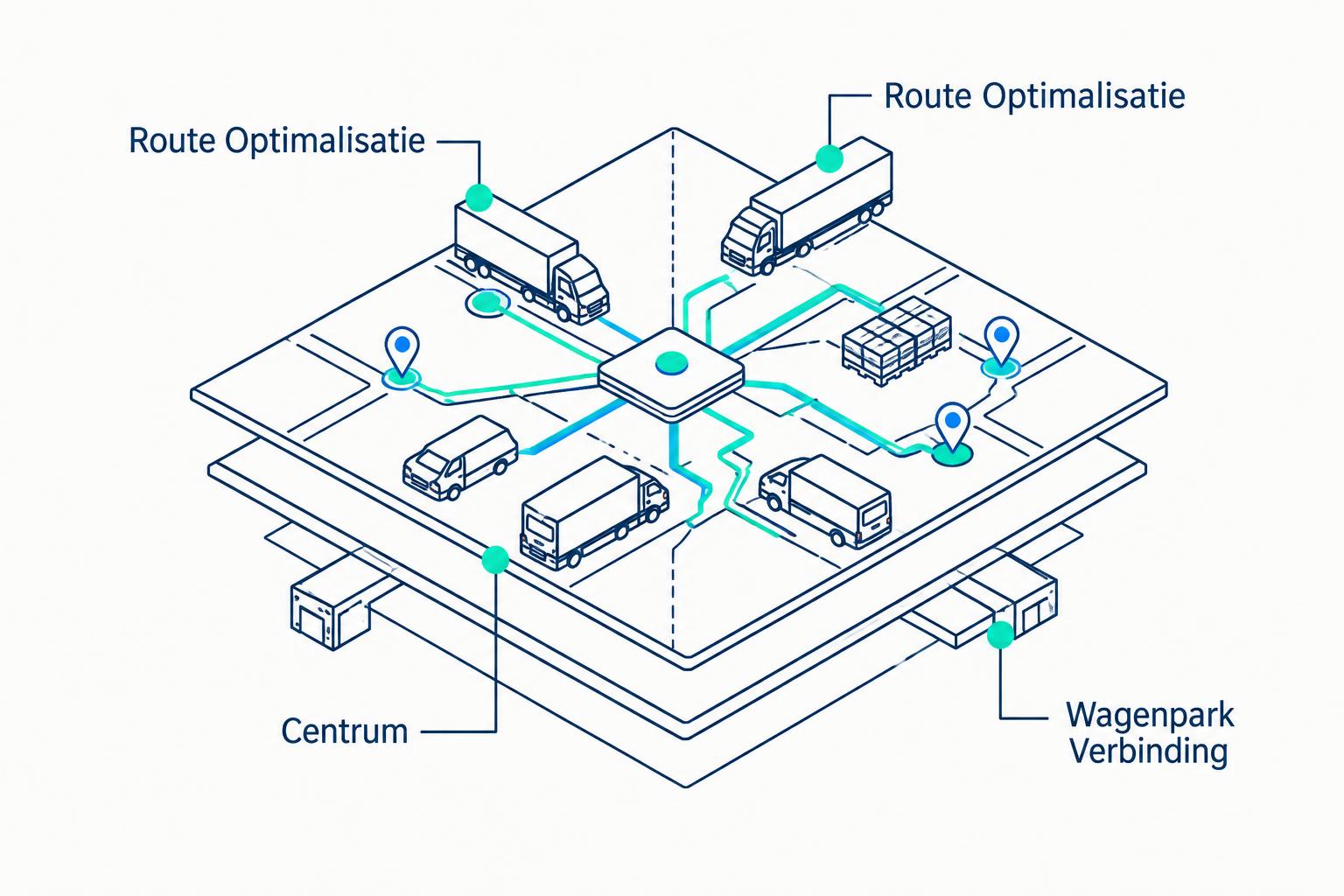 Schema: routes, wagenpark en centrum verbonden in NexusPlan